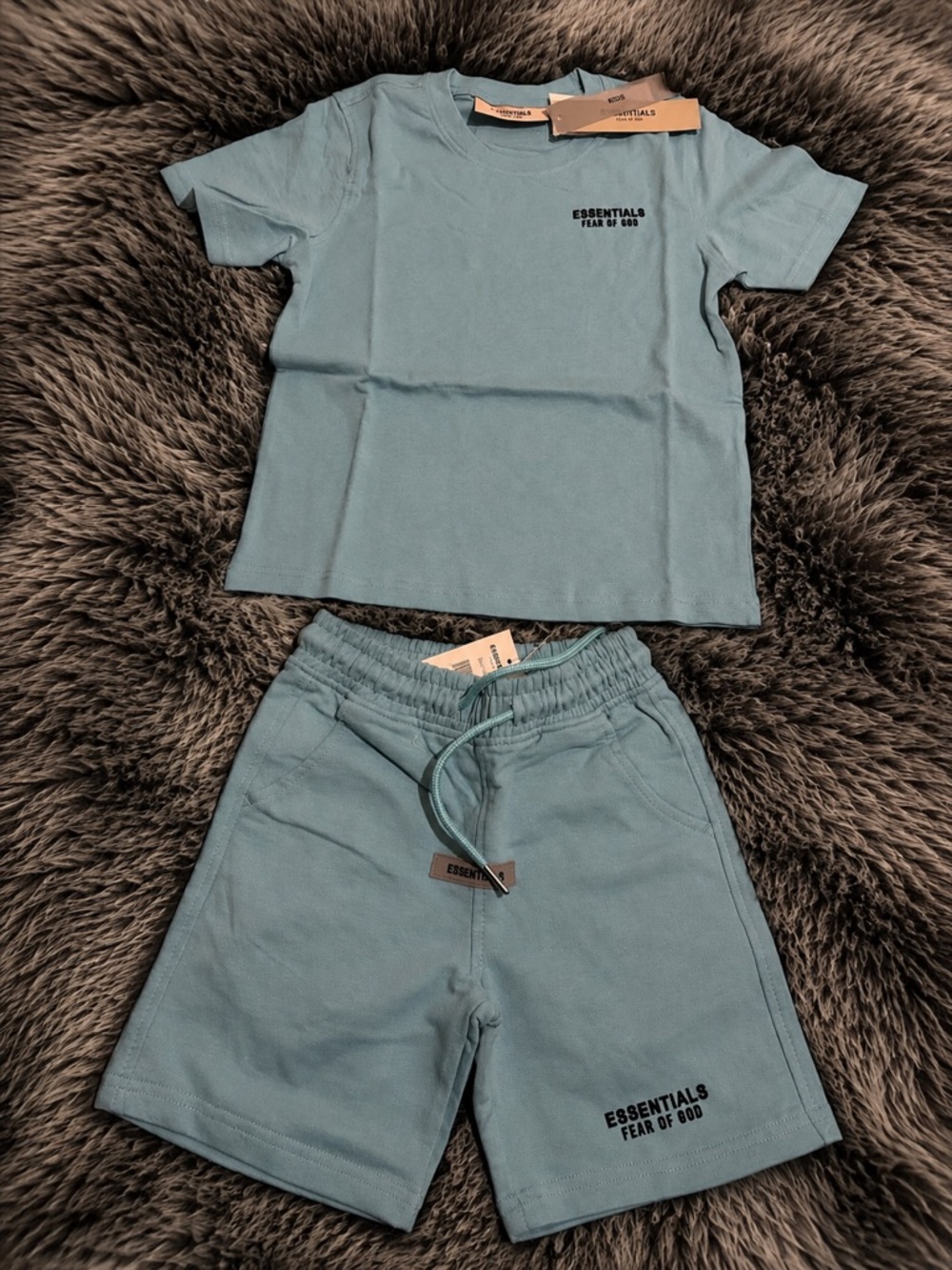 Kids Fear of God ESSENTIALS blue Tee and Shorts Set
